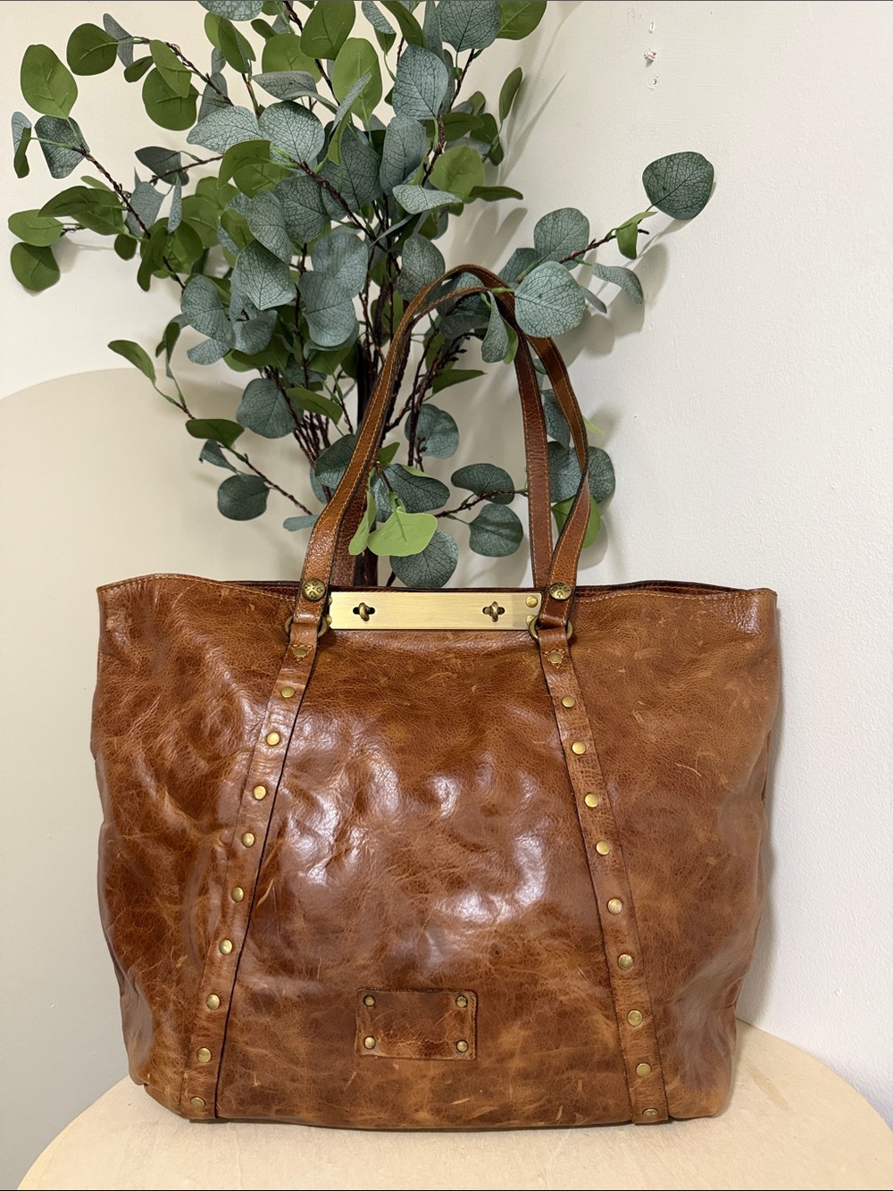 Patricia Nash Cognac Brown Leather Tote with Gold Hardware